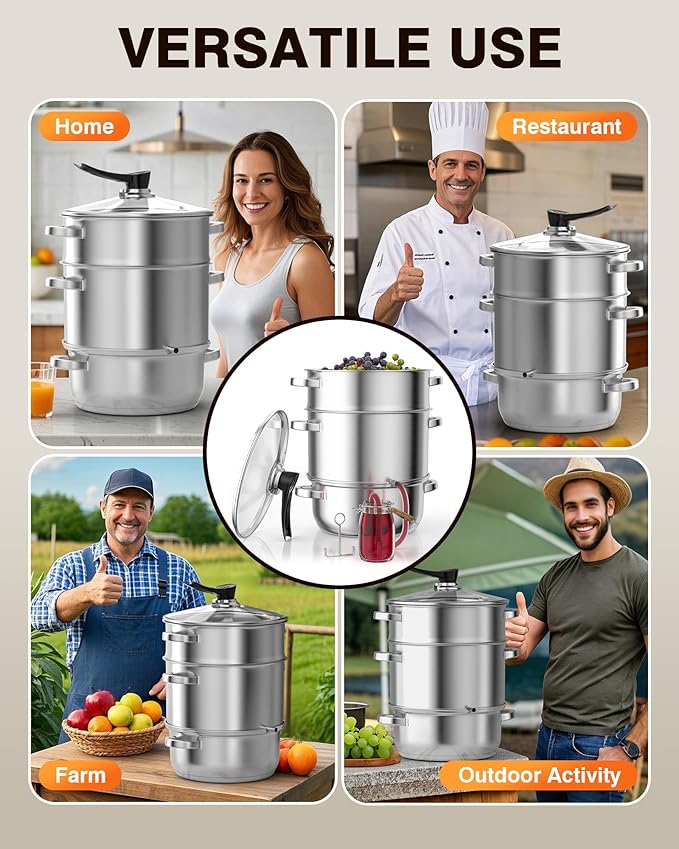 PYY Steam Juicer Extractor - 11QT Fruit Vegetables Steam Juicer for Canning, 3-Layer Stainless Steel with Tempered Glass Lid, Hose, Jelly, Syrup, Clamp Steamer Extractor for Making Juice
