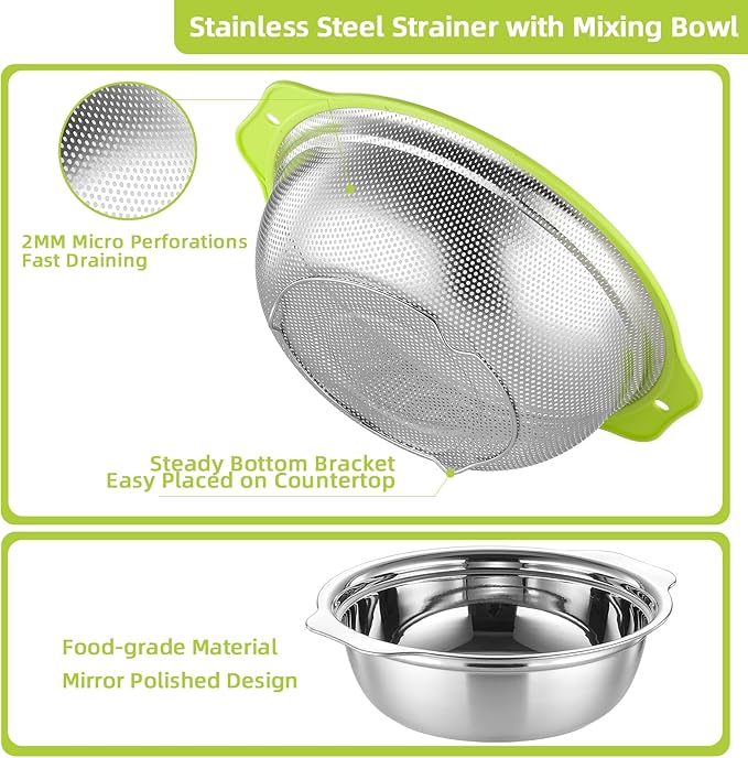 Colander Stainless Steel Microporous, 2QT Rice Strainer with Mixing Bowl, Rice Washer Bowl Set with Handle, Food-Grade Strainers and Colanders for Kitchen, Pasta, Fruit, Dishwasher Safe
