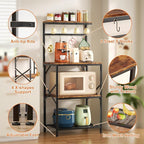 Kitchen Bakers Rack with Storage Shelves, Small Coffee Bar Cart with 8 Hooks, 4 Tiers Microwave Stand Station with Adjustable Shelves, Freestanding Kitchen Appliance Organizer, Rustic Brown