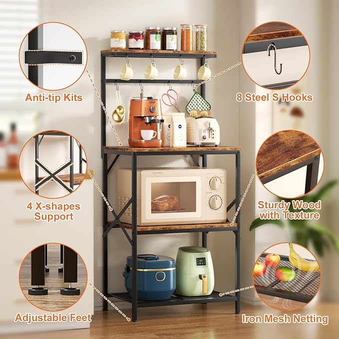 Kitchen Bakers Rack with Storage Shelves, Small Coffee Bar Cart with 8 Hooks, 4 Tiers Microwave Stand Station with Adjustable Shelves, Freestanding Kitchen Appliance Organizer, Rustic Brown