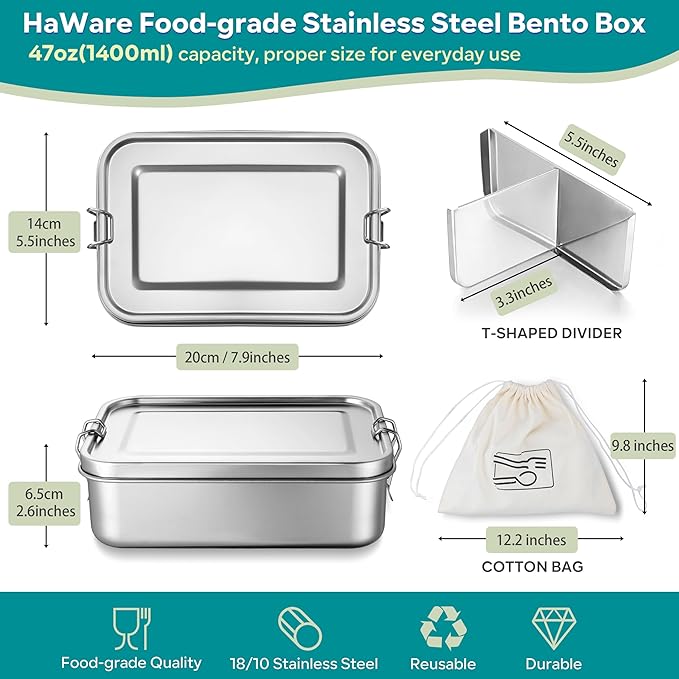 HaWare Stainless Steel Bento Box, 47oz (1400ml) Leak-Proof Lunch Box for Kids Adults, 3 Compartments Food Containers with Removable Dividers and Bag, Metal Lunch Containers for Snack Meal Sandwich