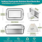 HaWare Stainless Steel Bento Box, 47oz (1400ml) Leak-Proof Lunch Box for Kids Adults, 3 Compartments Food Containers with Removable Dividers and Bag, Metal Lunch Containers for Snack Meal Sandwich