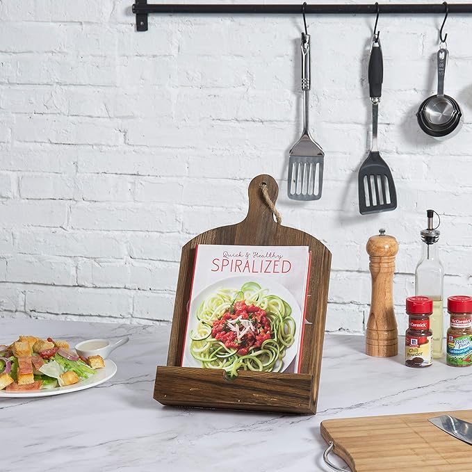 MyGift Cutting Board Brown Wood Cookbook Holder, Paddle Shaped iPad Tablet Easel Holder, Book Recipe Binder Stand with Kickstand and Cook Text Design