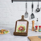 MyGift Cutting Board Brown Wood Cookbook Holder, Paddle Shaped iPad Tablet Easel Holder, Book Recipe Binder Stand with Kickstand and Cook Text Design