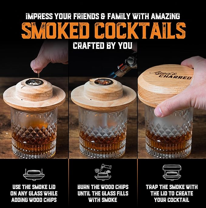 Whiskey Smoker Kit with Torch & 8 Flavors Wood Chips - Old Fashioned Smoker Kit - Bourbon Gifts for Men, Cocktail Smoker kit - USA Oak Smoke Lid (No Butane)