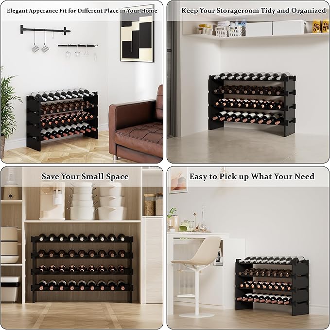 Bambloom Wine Rack Freestanding Floor, Stackable Wine Bottle Storage, Wooden Free Standing Wine Stand Organizer for Kitchen,Cellar. 36 Bottles Wine Holder Display Shelves for Champagne (Black)