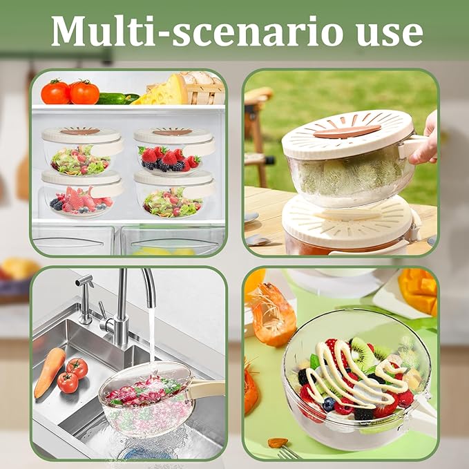 2 Pcs MultiPurpose Fruit Strainer Drain Basket with Lid & Collapsible Handle,2.85QT+1QT 2 in 1 Draining and Preservation Basket, Fruit Cleaner Bowl for Fridge Freshness and Outdoor Picnics
