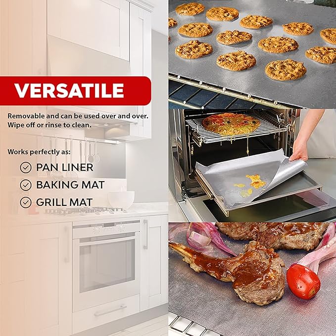 Oven Liners for Bottom of Oven Silver (2-pack) Bundled with Rack Shields (2-pack) - Large Mat for Bottom of Stove (17"x 25") and 14" Silicone Rack Protectors - Reusable & Heat Resistant