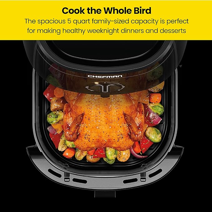 Chefman TurboFry 5-Quart Air Fryer, Integrated 60-Minute Timer for Healthy Cooking, Cook with 80% Less Oil, Adjustable Temperature Control, Nonstick Dishwasher-Safe Basket and Tray, Black