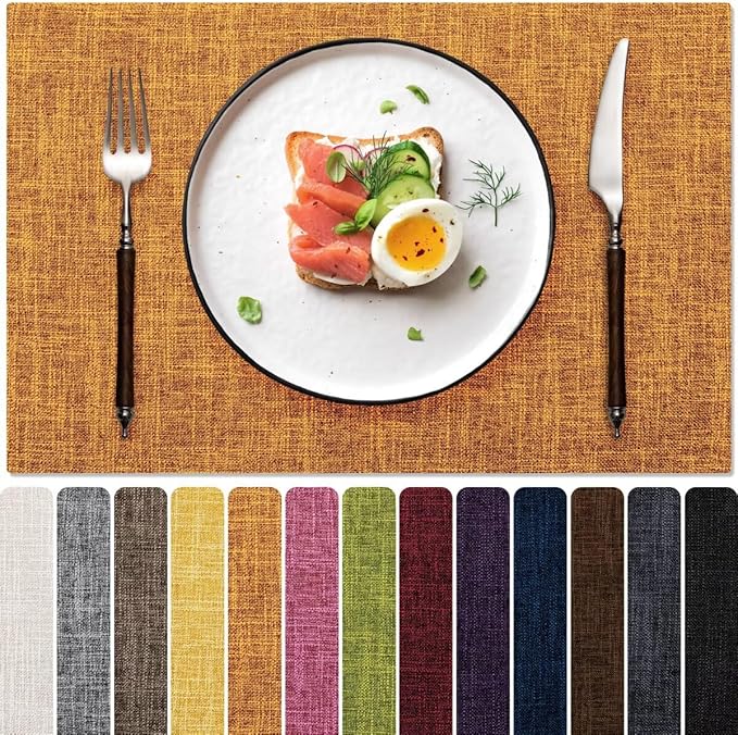 Blue Forest Placemats Set of 8, Dual-Layered Thickened Faux Linen Cloth Place Mats Heat Resistant Machine Washable Wrinkle Free Table Mats Indoor/Outdoor (Orange)