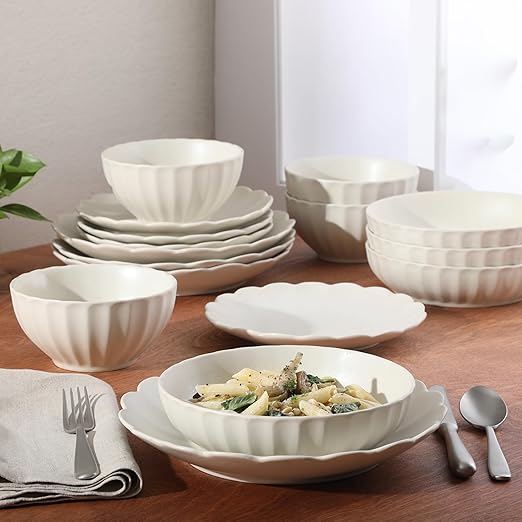 Gibson Elite Malibu Shore 16 Piece Scallop Stoneware Reactive Glaze (Service for 4) Ceramic Plates and Bowls Dinnerware Set - Cream White