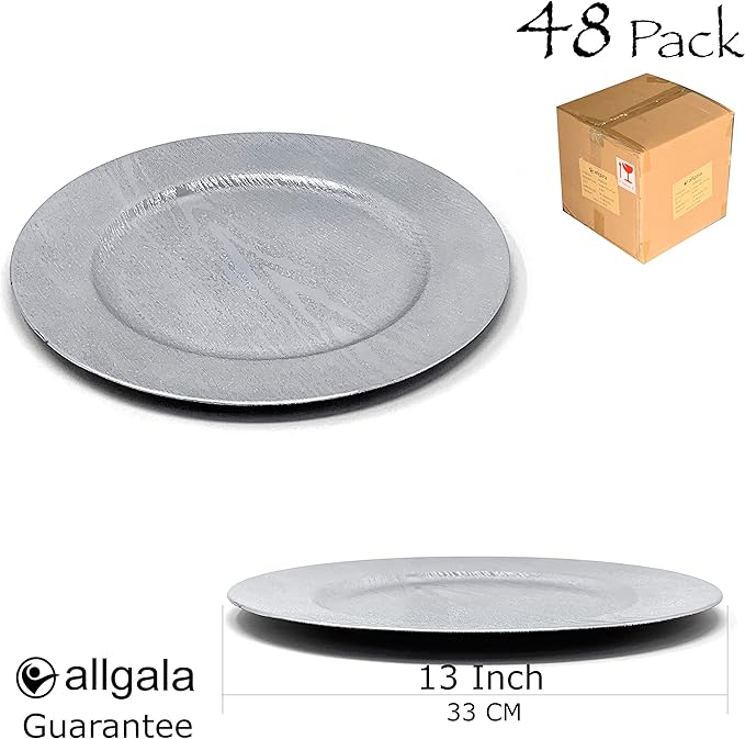 allgala Heavy Quality Round Charger Plates - Chargers for Dinner Plates - Set of Charger Plates for Table Decor - Ideal for Weddings, Thanksgiving Parties & Holidays - Grain Silver (13-Inch 48-Pack)