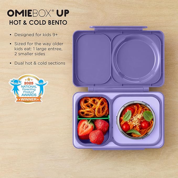 Omie OmieBox UP bento Box for Kids | Insulated Lunch Box | Leak Proof Vacuum Insulated Thermal Food jar | Cooler ice Pack | 2 Compartments (Galaxy Purple)
