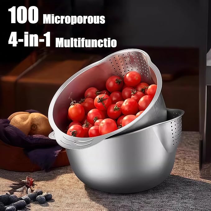 Rice Washer Strainer Bowl, Stainless Steel Washing Bowl for Rinsing Quinoa, Side Drainers Colander for Cleaning Fruits, Vegetables, and Beans - Versatile Kitchen Gadgets