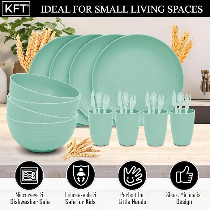 Wheat Straw Dinnerware Sets for 4 - KFT Lightweight & Unbreakable Dishes Microwave & Dishwasher Safe Perfect for Camping, Picnic, RV, Dorm Plates, Cups and Bowls (Green, 24pc)