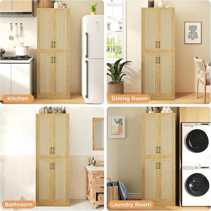 Kitchen Pantry Cabinet, 67" Tall Rattan Storage Cabinet with Doors and Adjustable Shelves, Wooden Linen Pantry Cupboard for Small Spaces Laundry Room Bathroom, Food Snack Towels Storage, Oak