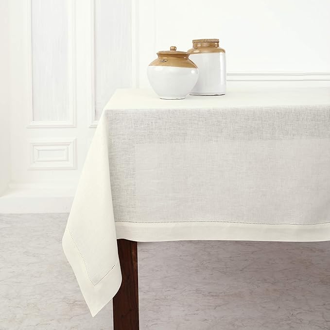 Solino Home Linen Ivory Tablecloth 60 x 144 Inch - Classic Hemstitch, 100% Pure Linen Rectangular Tablecloth - Machine Washable Table Cloth for Summer, Fall, Autumn