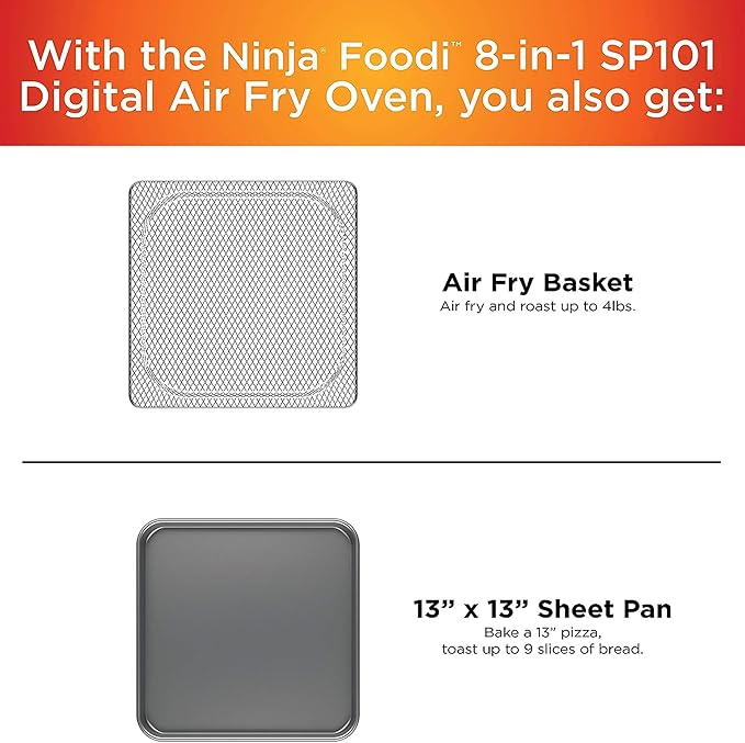 Ninja Digital Air Fry Countertop Oven, 8-in-1 Functionality, 1800W, Flip-Up Design, XL Capacity, Air Fry Basket, Wire Rack & Crumb Tray, Silver, SP101