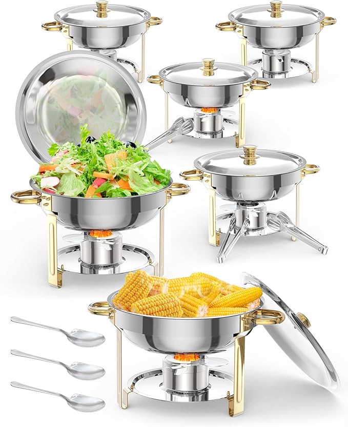 5QT 6 Packs Chafing Dish Buffet Set, NSF Round Stainless Steel Chafers and Warmers Food Servers Sets with Lid & Lid Holder, Spoon & Tweezer for Catering Events Parties Weddings Dinners, Gold