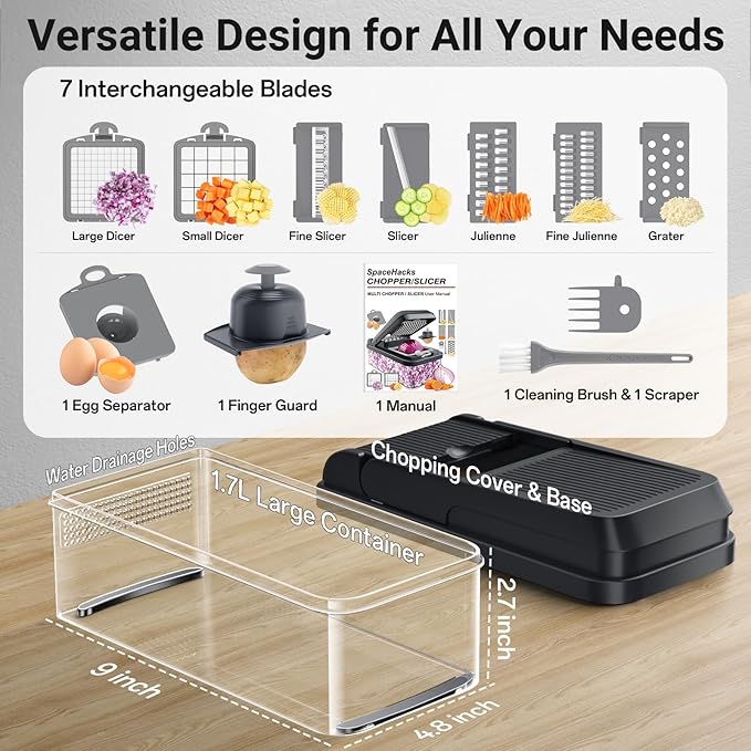12-in-1 Vegetable Chopper, Kitchen Gadgets with 7 Blades, Veggie, Food, Onion Chopper, Cucumber Slicer, Versatile Mandoline, Includes Egg Separator & Finger Guard, Gray