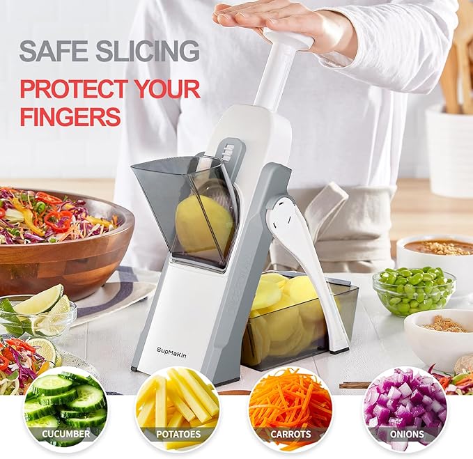 SupMaKin Safe Mandoline Slicer, Potato Chip Slicer Maual Vegetable Food Cutter Adjustable Thickness, Chopping Artifact Veggie Salad Chopper & Cook Meal Prep (Gray)