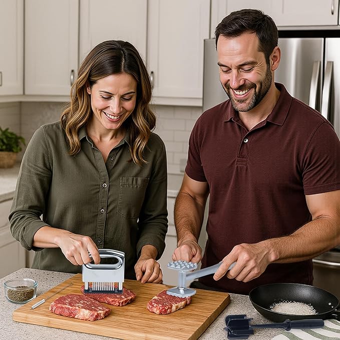 4-Piece Meat Tenderizer Tool – Includes Textured Meat Tenderizer Hammer, Stainless Steel Needle Tenderizer, ABS Mixing Stick & Cleaning Brush – 4-Piece Duty Kitchen Accessories for Steak & Chicken