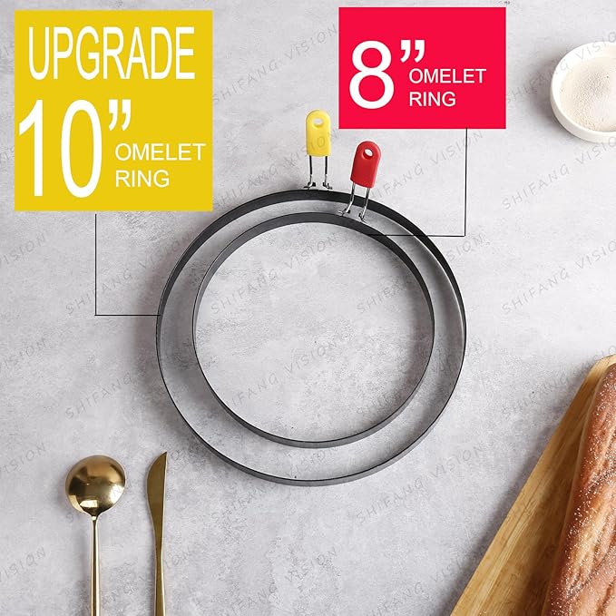 Extra Large 10 Inch Omelette Ring for Griddle, Stainless Steel Pancake Egg Ring With Silicone Handle - Non-Stick Round Creps Crumpet Accessory (2 Packs)
