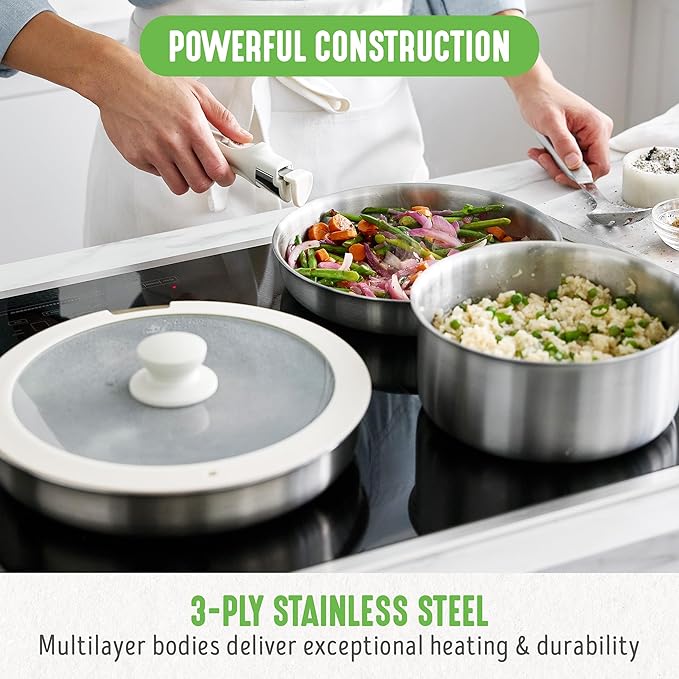 GreenLife 10 Piece Stainless Steel Pots and Pans, Detachable & Stackable Kitchen Set, Tri Ply Clad PFAS Free Cookware, Space Saving with Removable Handle, Induction & Oven Safe, RV Cookware, Glass Lid