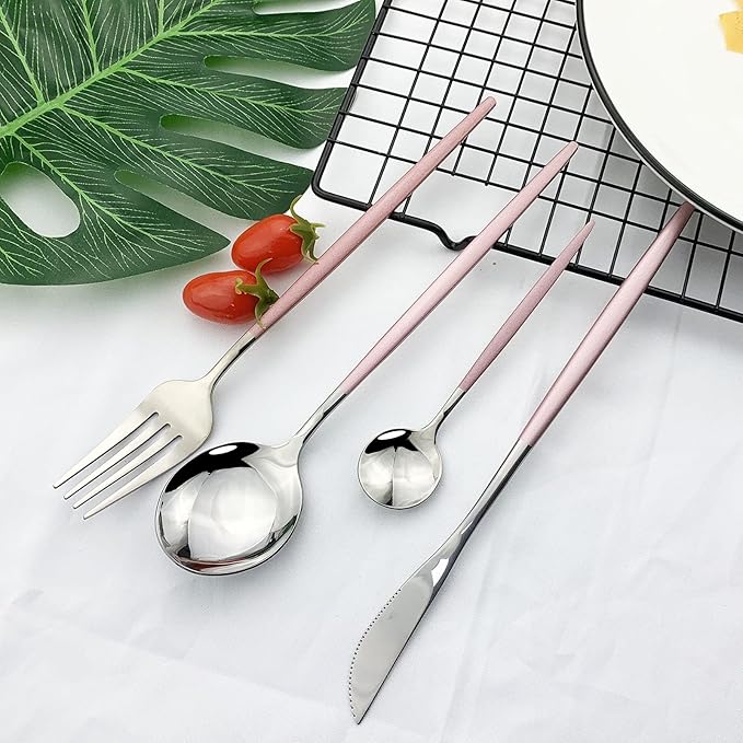 JASHII Flatware Serving Set 24 Piece, Stainless Steel Silverware Set, Pink Silver Cutlery Set, Modern Elegant Tableware Set for Party, Christmas, Dinner (Pink Silver)
