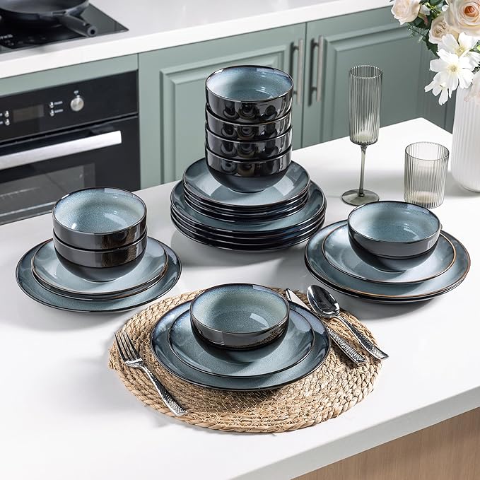 LeRatio Ceramic Dinnerware Sets for 6,Stoneware Plates and Bowls Sets,Handmade Reactive Glaze Dishes Set,Chip Resistant and Scratch Resistant | Oven&Dishwasher & Microwave Safe-Gray White(18PCS)
