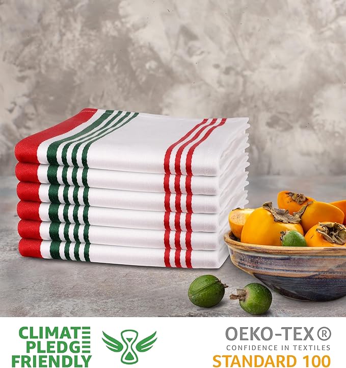 Urban Villa Kitchen Towels 100% Cotton Pack of 6, Highly Absorbent Quick Drying Super Soft Premium Dish Towels 20x30 Inch for Kitchen with Hanging Loop Hand & Tea Towels - Red/Green/White