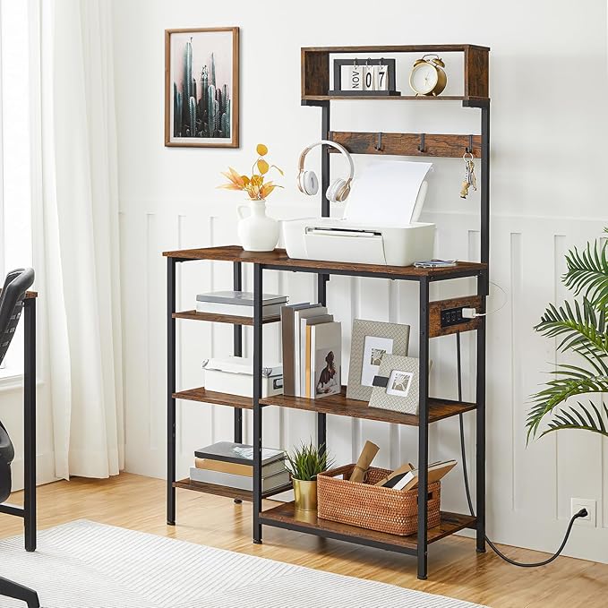 HOOBRO Bakers Rack with Power Outlet, 35.4 Inches Microwave Stand with 4 Hooks, 6 Tiers Kitchen Storage Shelf Rack, Coffee Bar Table, Rustic Brown and Black BF10UHB01
