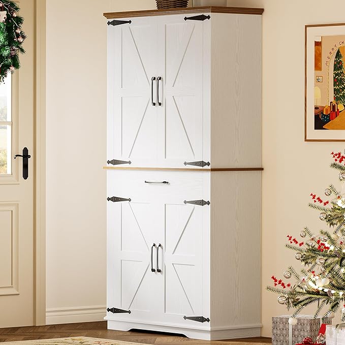 IRONCK Farmhouse Kitchen Pantry Cabinet, Tall Storage Cabinet with 6 Hanging Shelves and Adjustable Shelves, Freestanding Cupboard with Barn Doors for Kitchen, Dining Room， White/Walnut