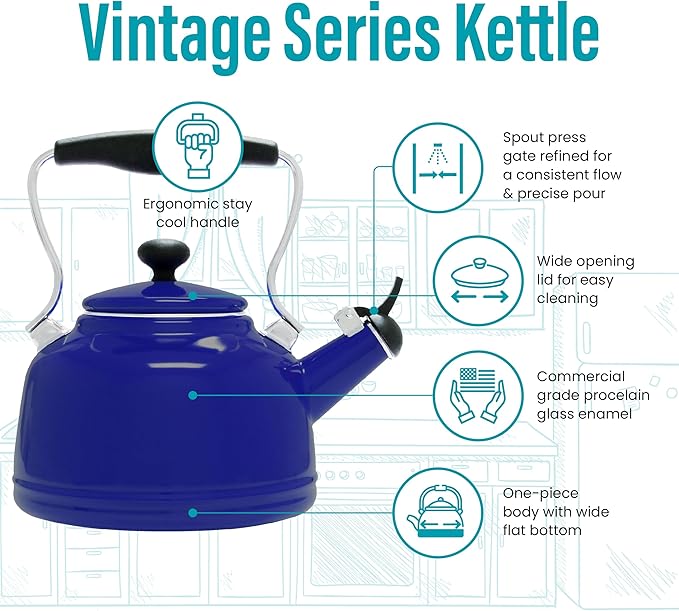 Chantal Tea Kettle, 1.7 QT, Vintage Series, Premium Enamel on Carbon Steel, Whistling, Even Heating & Quick Boil (Cobalt Blue)