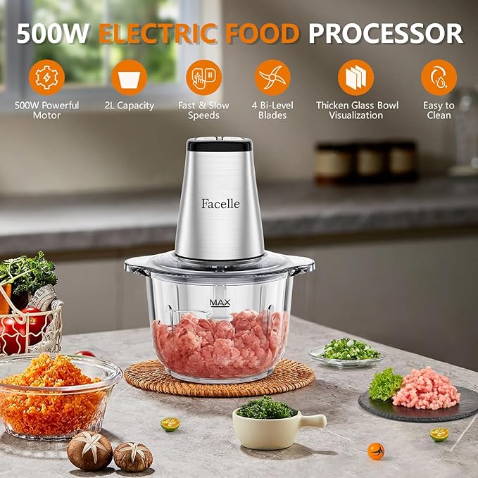 Food Processor, Facelle Meat Grinder 8-Cup Food Chopper Electric Vegetable Chopper 500W With 2L Glass Bowl & 4 Sharp Blades for Meat/Vegetable/Fruit/Nut/Baby Food