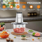 Food Processor, Facelle Meat Grinder 8-Cup Food Chopper Electric Vegetable Chopper 500W With 2L Glass Bowl & 4 Sharp Blades for Meat/Vegetable/Fruit/Nut/Baby Food