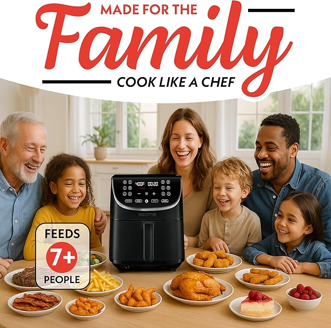 Gourmia Air Fryer Oven Digital Display 7 Quart Large AirFryer Cooker 12 Touch Cooking Presets, XL Air Fryer Basket 1700w Power Multifunction GAF716 Black and Stainless Steel Accents FRY FORCE 360°