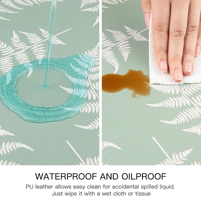 QIYI Placemats Set of 6, 12x18 Inch PU Leather Place Mats for Kitchen Dinning, Heat Resistant Anti Slip Green White Table Mats, Waterproof Wipeable Washable Placemat Party Table Décor, Fern Leaves