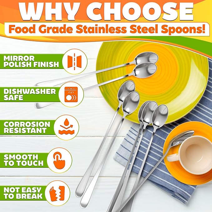 Ice Tea Spoons Long Stainless Steel Set of 8 – 9″ Iced Tea Spoons Long Handle with Classic Elegant Design – Rust-Resistant & Dishwasher Safe | For Milkshakes, Cocktails, Desserts & Tall Glass Drinks