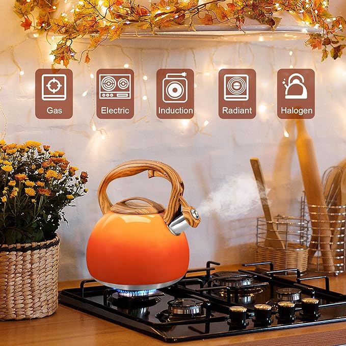 GGC Tea Kettle for Stove Top, 3.1QT/3L Whistling Tea Kettles for Boiling Water, Coffee or Milk, Red Sunset Tea Pot with Wood Pattern Handle, Stainless Steel Tea Pot for Home and Kitchen