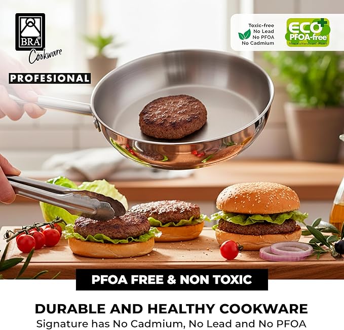 BRA COOKWARE Profesional Frying Pan | 9.5 inches Professional Skillet | Stainless Steel Pan w/o Non-Stick Coating | All Stovetop Compatible - Full Induction Skillet | 100% PFOA Free | Brushed Finish