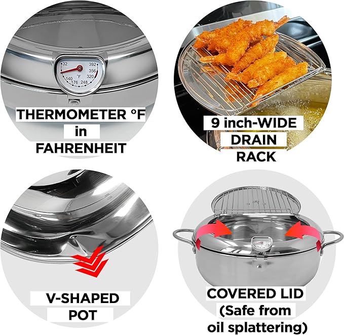Deep Fryer Pot (°F), 11"/4.4Qt (4.2 L) Extra Large Tempura Frying Pot with Lid, 304 Stainless Steel Fry Pot with Fahrenheit Thermometer and Oil Drip Drain Rack