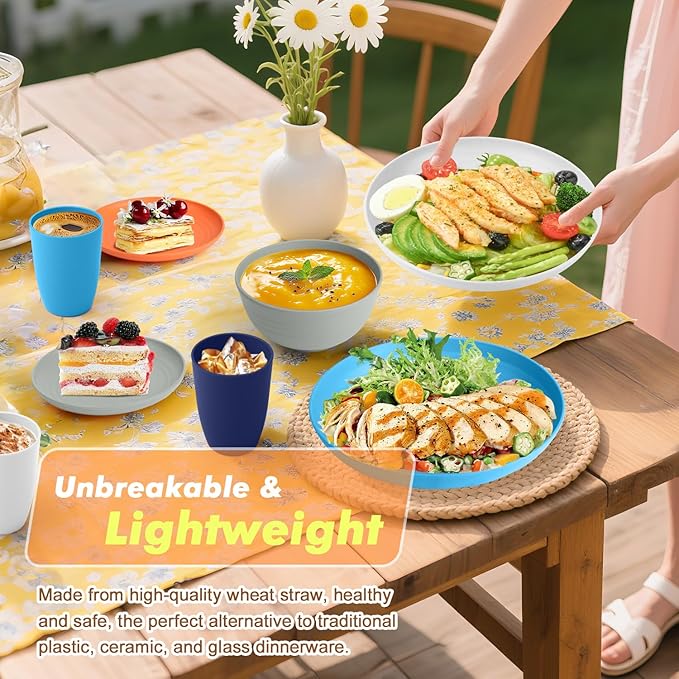 Homienly 32 PCS Plates and Bowls Sets, Unbreakable Wheat Straw Dinnerware Set, Microwave and Dishwasher Safe Dinnerware Sets, LIghtweight Dish Set for KItchen, Camping, Party - Island Series