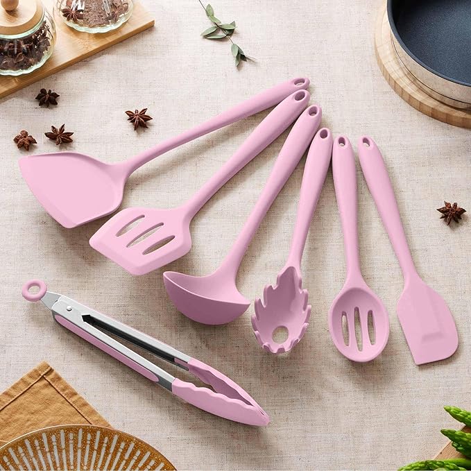 Herogo Silicone Cooking Utensils Set, 7-Piece Kitchen Utensils Set, Heat Resistant Cooking Gadget Tools Slotted Turner, Spoon, Soup Ladle, Pasta Server, Spatula, Tongs for Nonstick Cookware, Pink