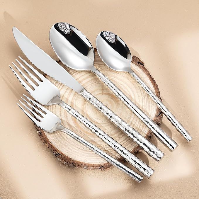 Hammered Silverware Set,Zerophilo Flatware Set 20 Pieces 18/10 Stainless Steel Cutlery Set for 4 Mirror Polished,Dishwasher Safe