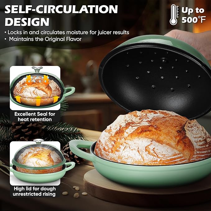 Bread Oven for Sourdough Baking (5.5 QT), Joyfair Enamaled Cast Iron Dutch Oven Pot with Lid, Sourdough Baking Pan, Heavy Duty Dual Handles, Non-Stick & Even Cooking, Oven-safe 500°F, Pistachio Green