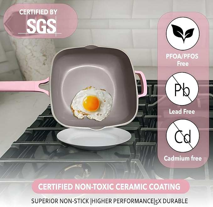 Nonstick Ceramic Saute Pan with Steamer, All-in-One Pan, PFOA,PFOS,Lead & Cadmium Free,Dishwasher Safe,4 Qt,11-inch, Pink, Stay-cool Handle,non stick chef's pan