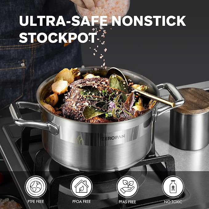 Hybrid Nonstick 4-Quart Stockpot,9.5 Inch Stainless Steel Stockpot with Lid,Non-stick Soup Pot,PFAS PFOA PTFE Free,Dishwasher-Friendly, Oven-Safe Up to 600°F,Compatible with All Cooktops