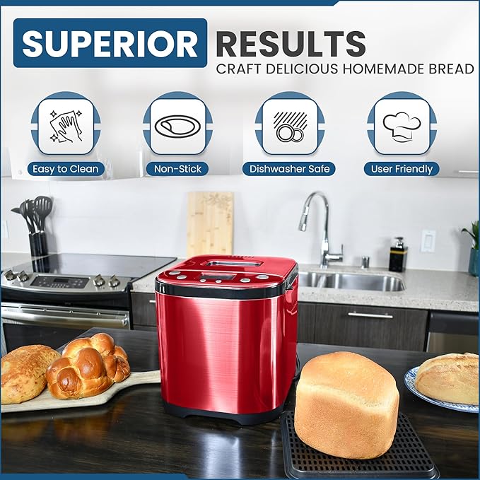 CULINARY CHEF Bread Maker Machine with Nonstick Bowl, Bread Hook, Measuring Cup & Spoon. 15-in-1, Gluten-Free Bread, Cake& Yogurt, 3 Crust Colour options and more. 3 Loaf Sizes. 2LB XL-RED