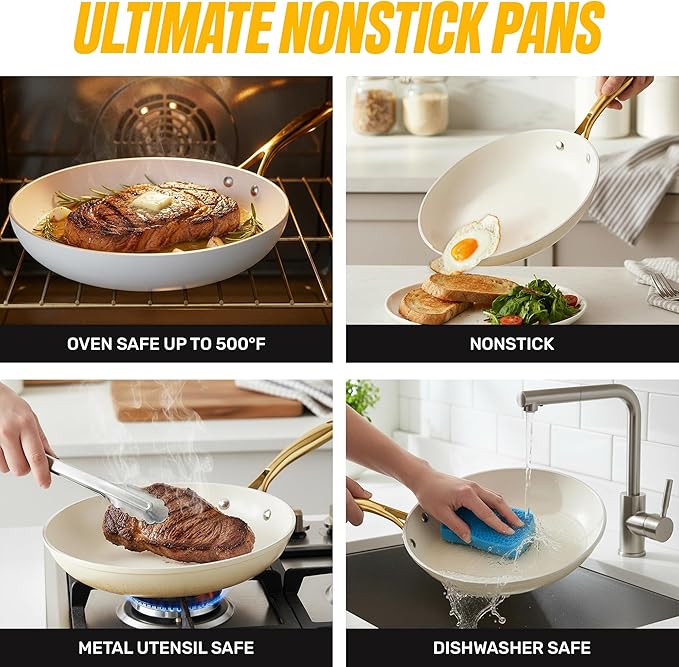 Gotham Steel 15 Pc Ceramic Cookware Set, Ceramic Pots and Pans Set Non Stick with Cooking Utensils and Steamer, Non Toxic PFOA PFOS Free, Premium Gold Stay Cool Handles, Oven & Dishwasher Safe